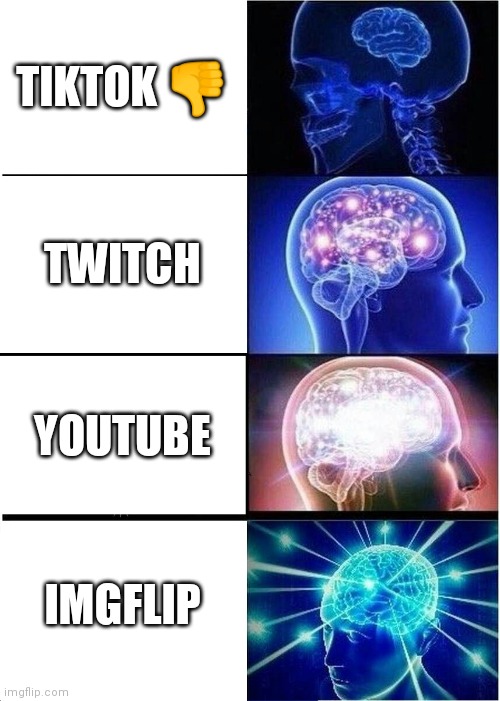 OOF I NEED IDEAS lol | TIKTOK 👎; TWITCH; YOUTUBE; IMGFLIP | image tagged in memes,expanding brain,memes rule,imgflip | made w/ Imgflip meme maker