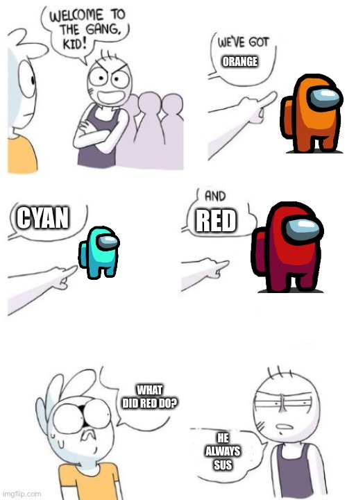 Wow! | ORANGE; CYAN; RED; WHAT DID RED DO? HE ALWAYS SUS | image tagged in welcome to the gang kid | made w/ Imgflip meme maker