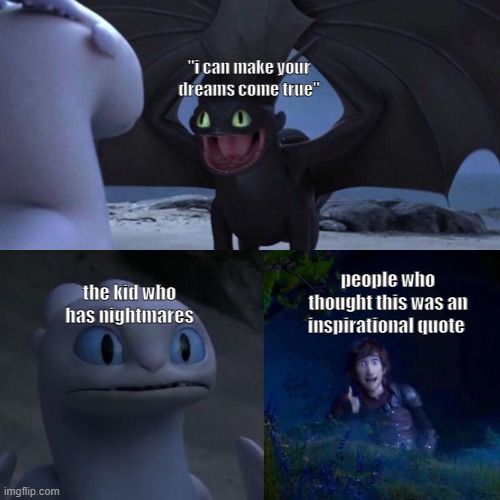 night fury | "i can make your dreams come true"; the kid who has nightmares; people who thought this was an inspirational quote | image tagged in night fury | made w/ Imgflip meme maker