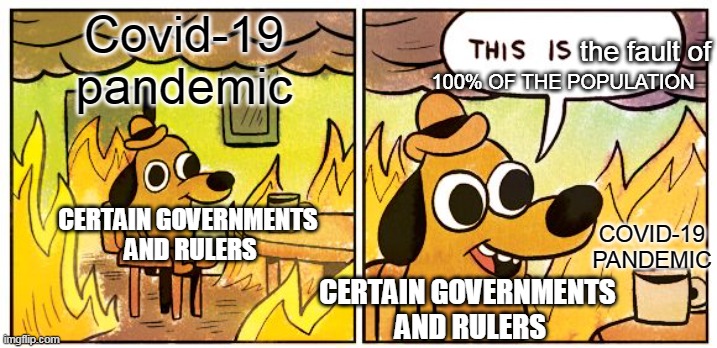 This Is Fine | Covid-19 pandemic; the fault of; 100% OF THE POPULATION; COVID-19 PANDEMIC; CERTAIN GOVERNMENTS 
AND RULERS; CERTAIN GOVERNMENTS
 AND RULERS | image tagged in memes,this is fine | made w/ Imgflip meme maker