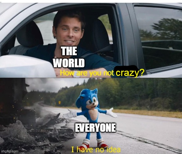 sonic how are you not dead | THE WORLD; crazy? EVERYONE | image tagged in sonic how are you not dead | made w/ Imgflip meme maker