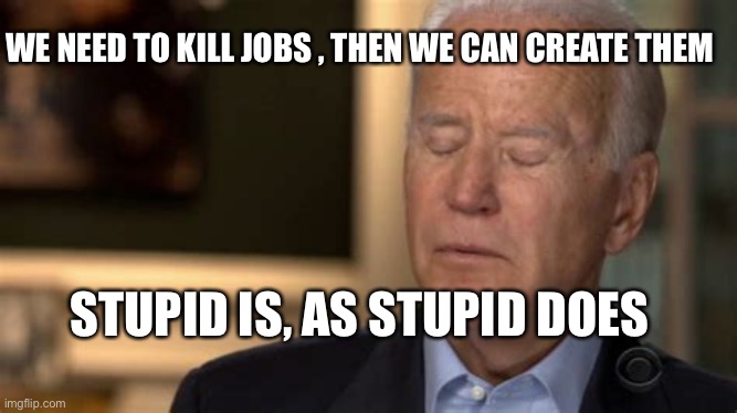 Socialist State will decide who works | WE NEED TO KILL JOBS , THEN WE CAN CREATE THEM; STUPID IS, AS STUPID DOES | image tagged in sleepy joe,jobs,biden | made w/ Imgflip meme maker