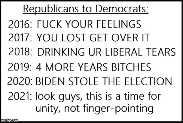 Republicans to Democrats | image tagged in republican,deomocrat,unity | made w/ Imgflip meme maker