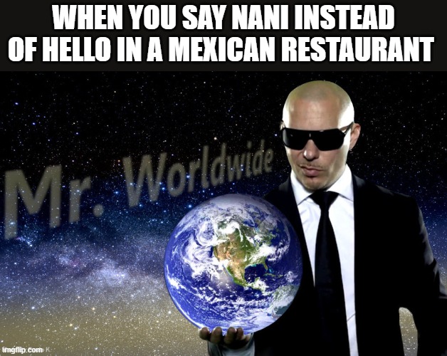 Mr Worldwide | WHEN YOU SAY NANI INSTEAD OF HELLO IN A MEXICAN RESTAURANT | image tagged in mr worldwide | made w/ Imgflip meme maker