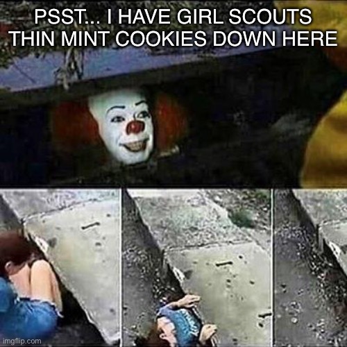 IT Clown Sewers | PSST... I HAVE GIRL SCOUTS THIN MINT COOKIES DOWN HERE | image tagged in it clown sewers,girl scout cookies | made w/ Imgflip meme maker