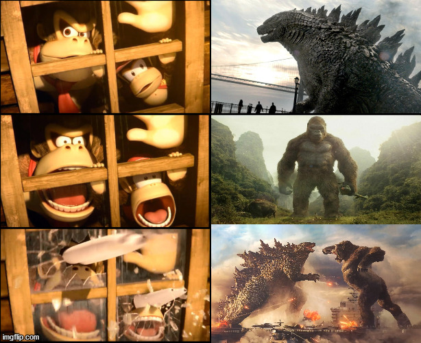 Godzilla vs Kong Meme | image tagged in donkey kong and diddy kong at window,memes,funny,godzilla vs kong,monsterverse | made w/ Imgflip meme maker