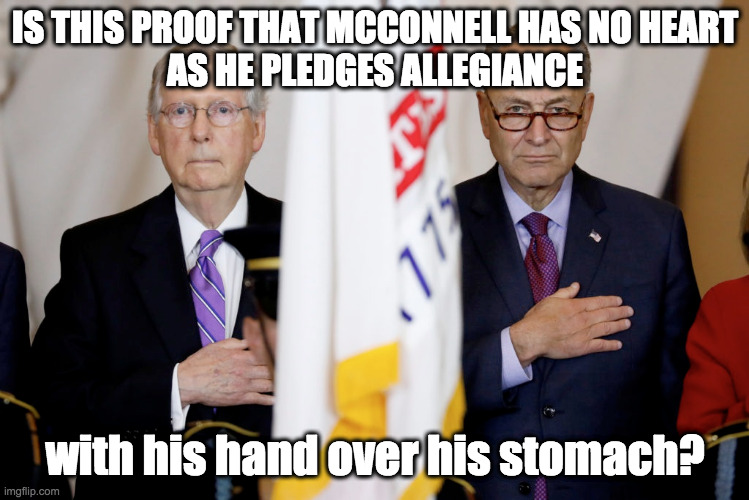 Does McConnell have a heart? | IS THIS PROOF THAT MCCONNELL HAS NO HEART
AS HE PLEDGES ALLEGIANCE; with his hand over his stomach? | image tagged in mitch mcconnell | made w/ Imgflip meme maker