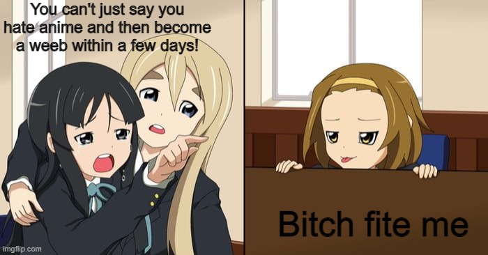 Mio yelling at Ritsu | You can't just say you hate anime and then become a weeb within a few days! Bitch fite me | image tagged in mio yelling at ritsu | made w/ Imgflip meme maker