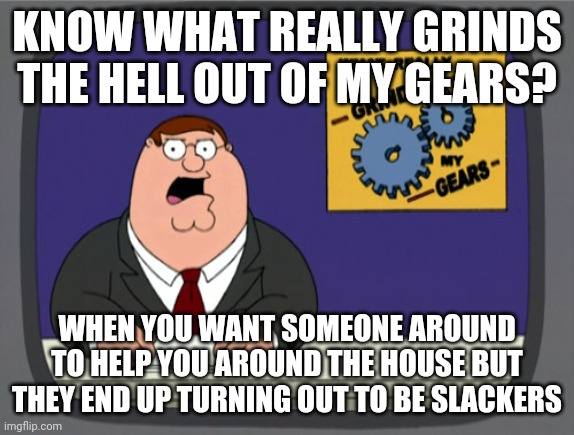 Why can't u people just learn how to lend a helping hand ur dropping the ball on that I mean what the hell is so hard about this | KNOW WHAT REALLY GRINDS THE HELL OUT OF MY GEARS? WHEN YOU WANT SOMEONE AROUND TO HELP YOU AROUND THE HOUSE BUT THEY END UP TURNING OUT TO BE SLACKERS | image tagged in memes,peter griffin news,truth,so true | made w/ Imgflip meme maker