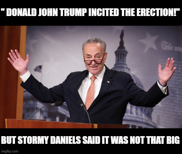 Too Much Viagra? | " DONALD JOHN TRUMP INCITED THE ERECTION!"; BUT STORMY DANIELS SAID IT WAS NOT THAT BIG | image tagged in trump is a prick,mushroom head,american erection,stormy daniels,chuck schumer | made w/ Imgflip meme maker