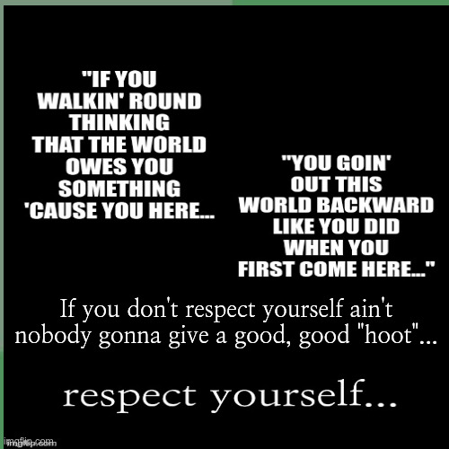 ...respect yourself | If you don't respect yourself ain't nobody gonna give a good, good "hoot"... | image tagged in respect | made w/ Imgflip meme maker