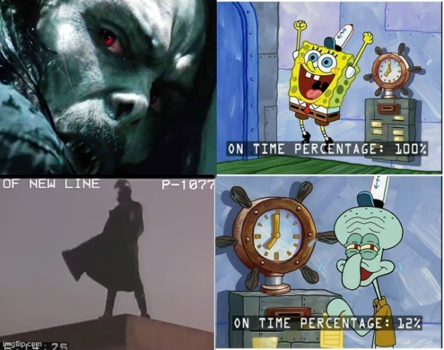 marvels morbius in film | image tagged in memes,marvel,movies,spongebob | made w/ Imgflip meme maker