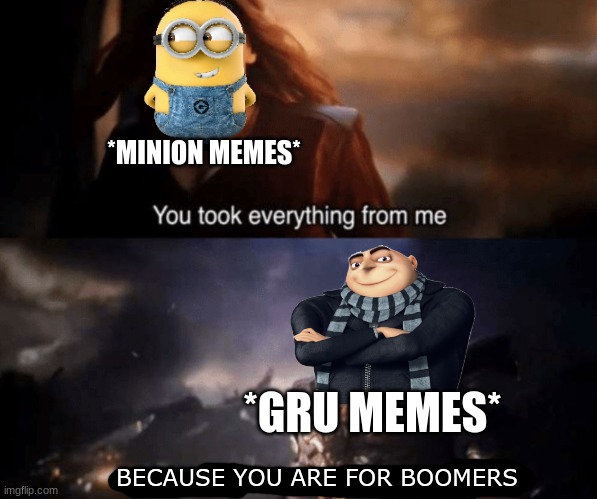 You took everything from me - I don't even know who you are |  *MINION MEMES*; *GRU MEMES*; BECAUSE YOU ARE FOR BOOMERS | image tagged in you took everything from me - i don't even know who you are,minions,gru meme | made w/ Imgflip meme maker