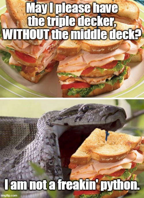 What's the Purpose of the Middle Layer? I Will Never Understand. | May I please have the triple decker, WITHOUT the middle deck? I am not a freakin' python. | image tagged in funny memes,sandwich,triple decker,python | made w/ Imgflip meme maker
