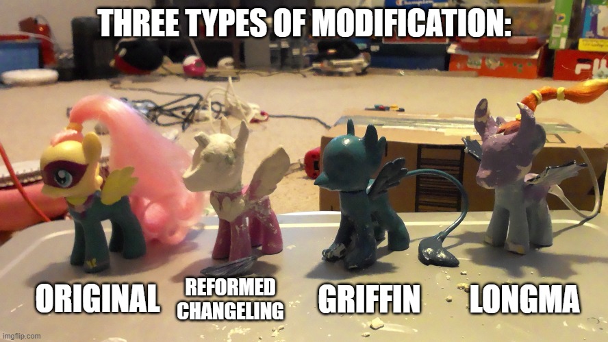 Pegasus Figure Mods | THREE TYPES OF MODIFICATION:; ORIGINAL; REFORMED CHANGELING; GRIFFIN; LONGMA | image tagged in my little pony,custom,toys | made w/ Imgflip meme maker