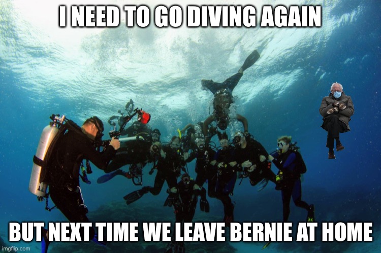 I NEED TO GO DIVING AGAIN; BUT NEXT TIME WE LEAVE BERNIE AT HOME | image tagged in bernie sitting | made w/ Imgflip meme maker