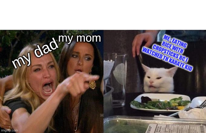 lol | my mom; my dad; ME : EATING RICE WITH CHOPSTICKS BC I WATCHED TH KARATE KID | image tagged in memes,woman yelling at cat | made w/ Imgflip meme maker