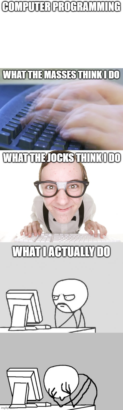 COMPUTER PROGRAMMING; WHAT THE MASSES THINK I DO; WHAT THE JOCKS THINK I DO; WHAT I ACTUALLY DO | image tagged in computer nerd | made w/ Imgflip meme maker