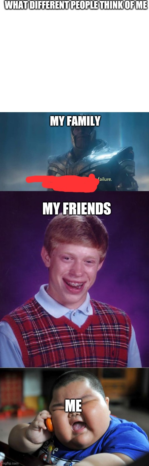 There you have it bois and gurls | WHAT DIFFERENT PEOPLE THINK OF ME; MY FAMILY; MY FRIENDS; ME | image tagged in blank white template,thanos you could not live with your own failure,memes,bad luck brian,fat asian kid | made w/ Imgflip meme maker