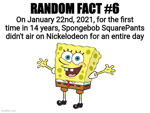 Random Fact #6 | RANDOM FACT #6; On January 22nd, 2021, for the first time in 14 years, Spongebob SquarePants didn't air on Nickelodeon for an entire day | image tagged in memes,fun,random fact,spongebob,spongebob squarepants | made w/ Imgflip meme maker