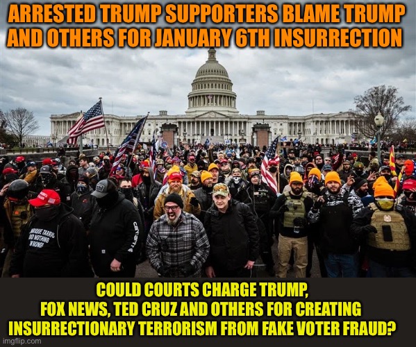 Trump and ‘Powerful’ people’s  accountability | ARRESTED TRUMP SUPPORTERS BLAME TRUMP AND OTHERS FOR JANUARY 6TH INSURRECTION; COULD COURTS CHARGE TRUMP, FOX NEWS, TED CRUZ AND OTHERS FOR CREATING 

INSURRECTIONARY TERRORISM FROM FAKE VOTER FRAUD? | image tagged in donald trump,maga,traitor,riot,guilt,traitors | made w/ Imgflip meme maker