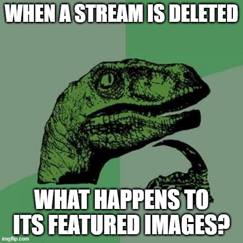 Philosoraptor | WHEN A STREAM IS DELETED; WHAT HAPPENS TO ITS FEATURED IMAGES? | image tagged in memes,philosoraptor | made w/ Imgflip meme maker