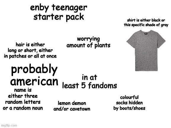 coming from an enby teenager | enby teenager starter pack; shirt is either black or this specific shade of gray; worrying amount of plants; hair is either long or short, either in patches or all at once; probably american; in at least 5 fandoms; name is either three random letters or a random noun; colourful socks hidden by boots/shoes; lemon demon and/or cavetown | image tagged in blank white template | made w/ Imgflip meme maker