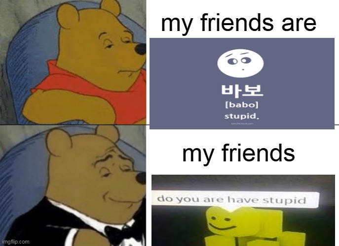 stupid | my friends are; my friends | image tagged in memes,tuxedo winnie the pooh | made w/ Imgflip meme maker