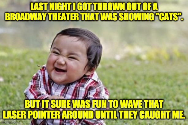 Cats | LAST NIGHT I GOT THROWN OUT OF A BROADWAY THEATER THAT WAS SHOWING "CATS". BUT IT SURE WAS FUN TO WAVE THAT LASER POINTER AROUND UNTIL THEY CAUGHT ME. | image tagged in memes,evil toddler | made w/ Imgflip meme maker