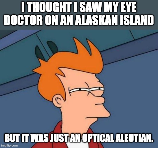Aleutian | I THOUGHT I SAW MY EYE DOCTOR ON AN ALASKAN ISLAND; BUT IT WAS JUST AN OPTICAL ALEUTIAN. | image tagged in memes,futurama fry | made w/ Imgflip meme maker