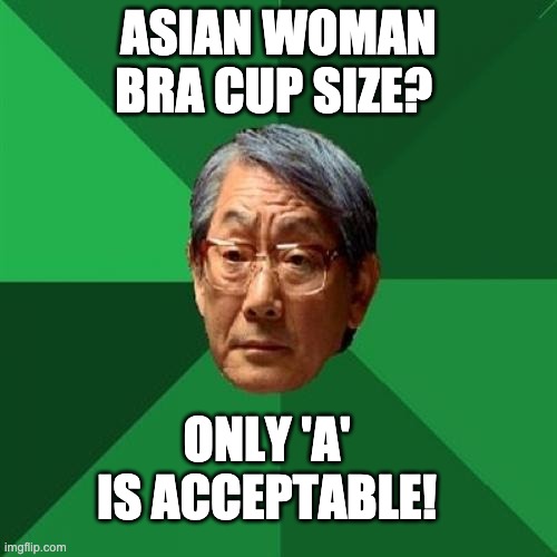 I hope this meme is rated 'A' | ASIAN WOMAN BRA CUP SIZE? ONLY 'A' IS ACCEPTABLE! | image tagged in memes,high expectations asian father | made w/ Imgflip meme maker