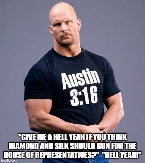Diamond and Silk for Congress already! | "GIVE ME A HELL YEAH IF YOU THINK DIAMOND AND SILK SHOULD RUN FOR THE HOUSE OF REPRESENTATIVES?"  "HELL YEAH!" | image tagged in stone cold steve austin,conservative,women,for,congress | made w/ Imgflip meme maker