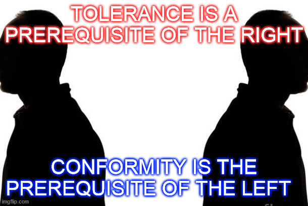 Tolerance Democrats and Republicans | TOLERANCE IS A PREREQUISITE OF THE RIGHT; CONFORMITY IS THE PREREQUISITE OF THE LEFT | image tagged in democrats,republicans,unity,biden,division,president | made w/ Imgflip meme maker