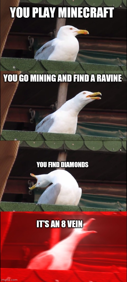 Inhaling Seagull Meme | YOU PLAY MINECRAFT; YOU GO MINING AND FIND A RAVINE; YOU FIND DIAMONDS; IT'S AN 8 VEIN | image tagged in memes,inhaling seagull | made w/ Imgflip meme maker