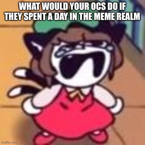 Cry now | WHAT WOULD YOUR OCS DO IF THEY SPENT A DAY IN THE MEME REALM | image tagged in cry about it | made w/ Imgflip meme maker