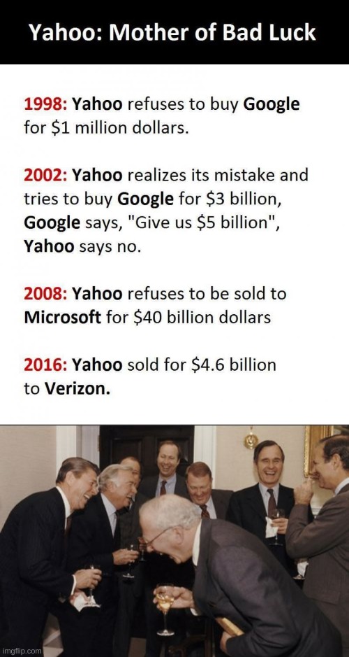 yahoo has to be one of the top 10 epic fails of all time | image tagged in memes,funny,yahoo,bad luck,laughing men in suits,lol | made w/ Imgflip meme maker