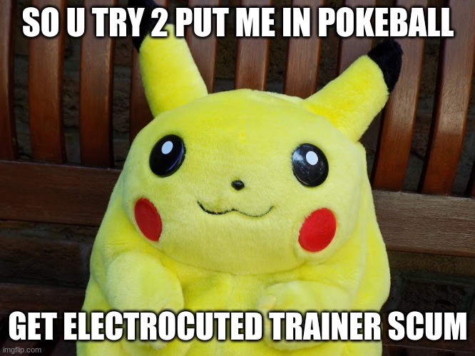 The pokemon revolution | SO U TRY 2 PUT ME IN POKEBALL; GET ELECTROCUTED TRAINER SCUM | image tagged in evil pika | made w/ Imgflip meme maker