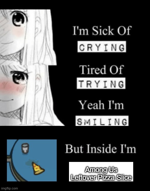 We all are Among Us Leftover Pizza Slices to be honest | Among Us Leftover Pizza Slice | image tagged in i'm sick of crying | made w/ Imgflip meme maker