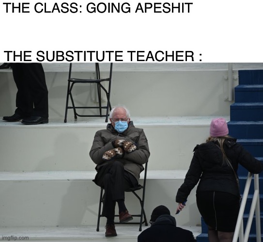 Bernie sitting | THE CLASS: GOING APESHIT; THE SUBSTITUTE TEACHER : | image tagged in bernie sitting | made w/ Imgflip meme maker