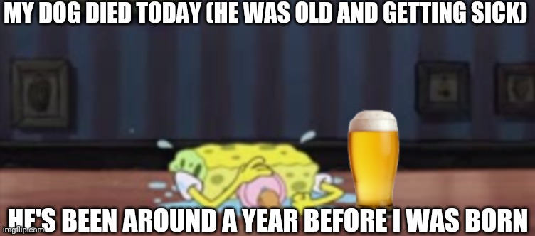 Spongebob depressed at the bar with beer | MY DOG DIED TODAY (HE WAS OLD AND GETTING SICK); HE'S BEEN AROUND A YEAR BEFORE I WAS BORN | image tagged in spongebob depressed at the bar with beer | made w/ Imgflip meme maker