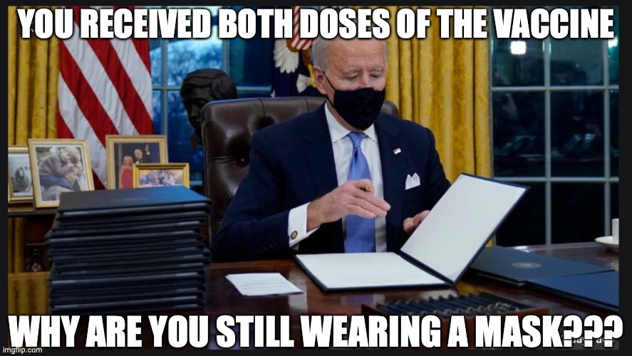 President Biden | YOU RECEIVED BOTH DOSES OF THE VACCINE; WHY ARE YOU STILL WEARING A MASK??? | image tagged in face mask | made w/ Imgflip meme maker