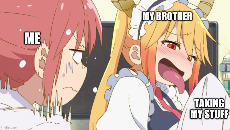 E | ME; MY BROTHER; TAKING MY STUFF | image tagged in tohru and kobayashi | made w/ Imgflip meme maker