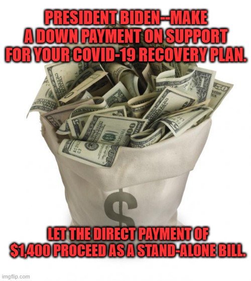 Just A Thought. | PRESIDENT BIDEN--MAKE A DOWN PAYMENT ON SUPPORT FOR YOUR COVID-19 RECOVERY PLAN. LET THE DIRECT PAYMENT OF $1,400 PROCEED AS A STAND-ALONE BILL. | image tagged in politics | made w/ Imgflip meme maker