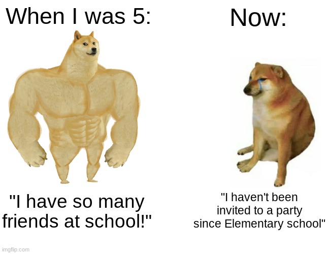 Buff Doge vs. Cheems | When I was 5:; Now:; "I have so many friends at school!"; "I haven't been invited to a party since Elementary school" | image tagged in memes,buff doge vs cheems | made w/ Imgflip meme maker