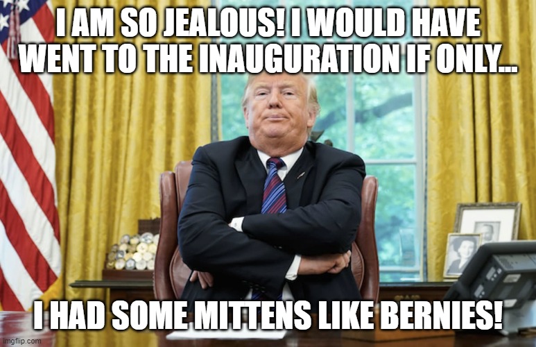 I hate having bad circulation in my tiny hands! | I AM SO JEALOUS! I WOULD HAVE WENT TO THE INAUGURATION IF ONLY... I HAD SOME MITTENS LIKE BERNIES! | image tagged in donald trump,trump,bernie sanders,bernie,bernie sanders mittens,inauguration | made w/ Imgflip meme maker