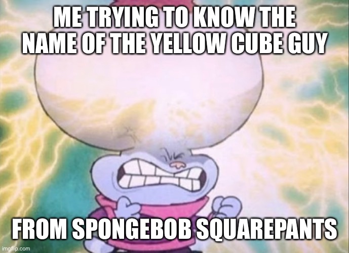 WHO WAS THAT GUY????? | ME TRYING TO KNOW THE NAME OF THE YELLOW CUBE GUY; FROM SPONGEBOB SQUAREPANTS | image tagged in spongebob,funny memes,dumb | made w/ Imgflip meme maker