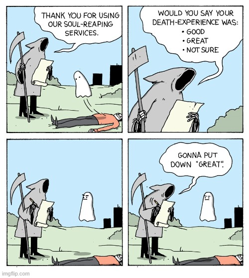 There's always a survey... | image tagged in comics,comics/cartoons,lighter side of death,surveys | made w/ Imgflip meme maker
