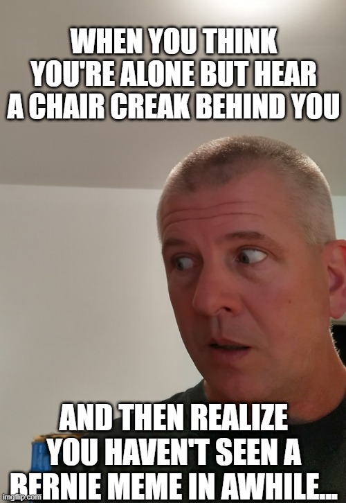 WHEN YOU THINK YOU'RE ALONE BUT HEAR A CHAIR CREAK BEHIND YOU; AND THEN REALIZE YOU HAVEN'T SEEN A BERNIE MEME IN AWHILE... | image tagged in bernie sanders | made w/ Imgflip meme maker