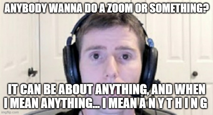 dead inside youtuber | ANYBODY WANNA DO A ZOOM OR SOMETHING? IT CAN BE ABOUT ANYTHING, AND WHEN I MEAN ANYTHING... I MEAN A N Y T H I N G | image tagged in dead inside youtuber | made w/ Imgflip meme maker