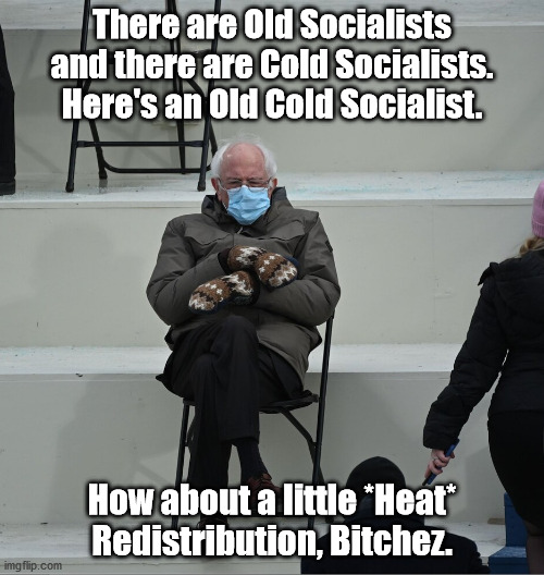 Am I fightin' some sort of damned Cold War here? Get me some frackin' heat. | There are Old Socialists and there are Cold Socialists.
Here's an Old Cold Socialist. How about a little *Heat* Redistribution, Bitchez. | image tagged in bernie mittens | made w/ Imgflip meme maker